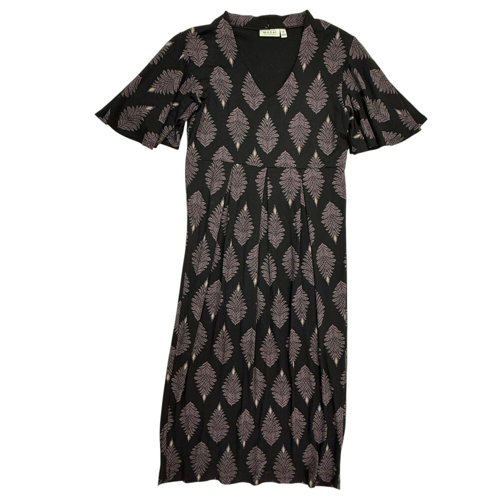 Masai Copenhagen Nika V-Neck Midi Shift Dress Small Leaf Print Pleated Flutter